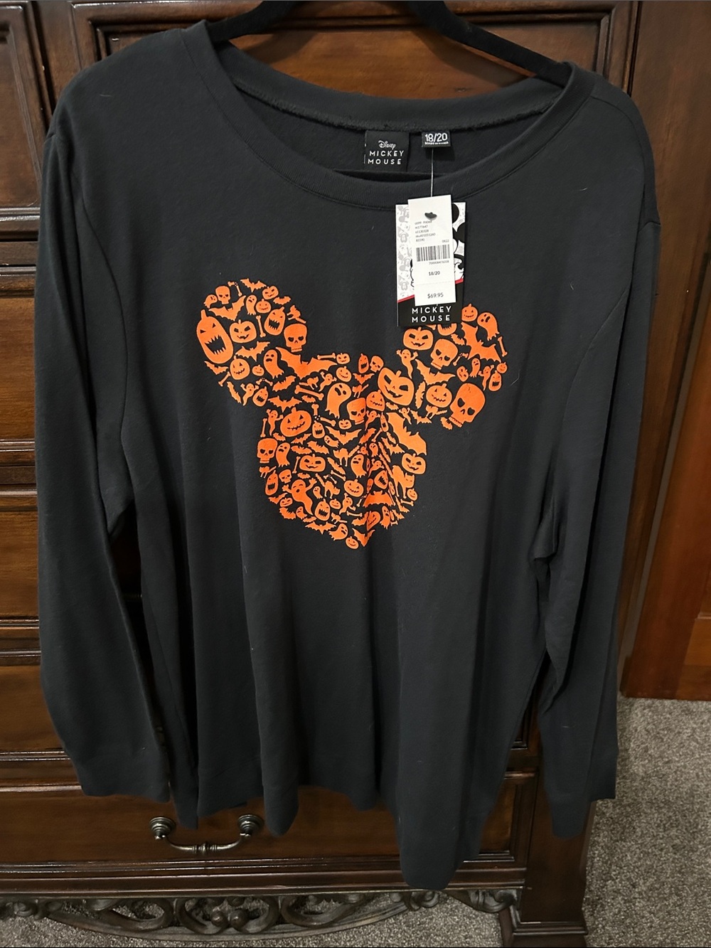 Disney Black Tee with Orange Halloween Mickey Pumpkin Skull Design